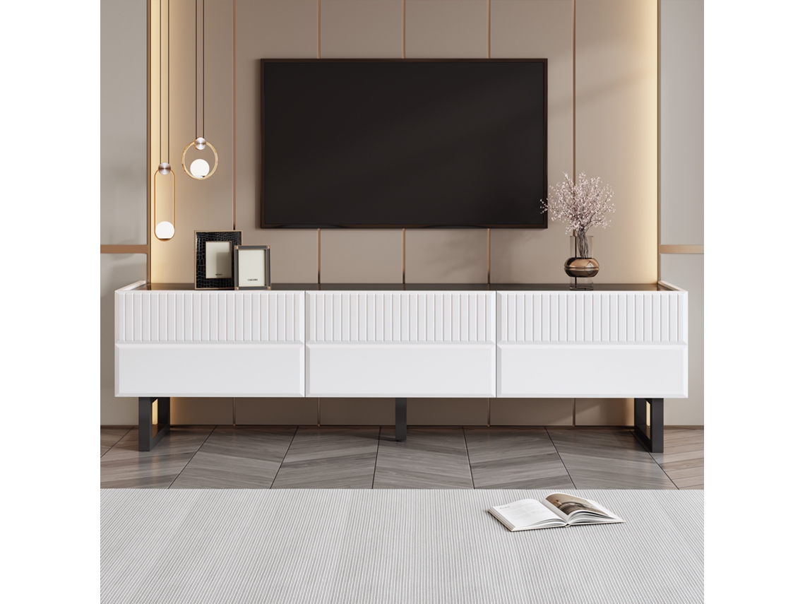 Mueble para TV con tres cajones, estilo estante bajo. Diseño clásico en blanco y negro. 170 x 35 x 47 cm.