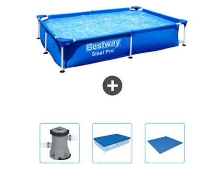 Piscina BESTWAY Rectangular Steel Pro - 221 x 150 x 43 cm - Azul - Incluida Bomba - Cubrir - Suelo