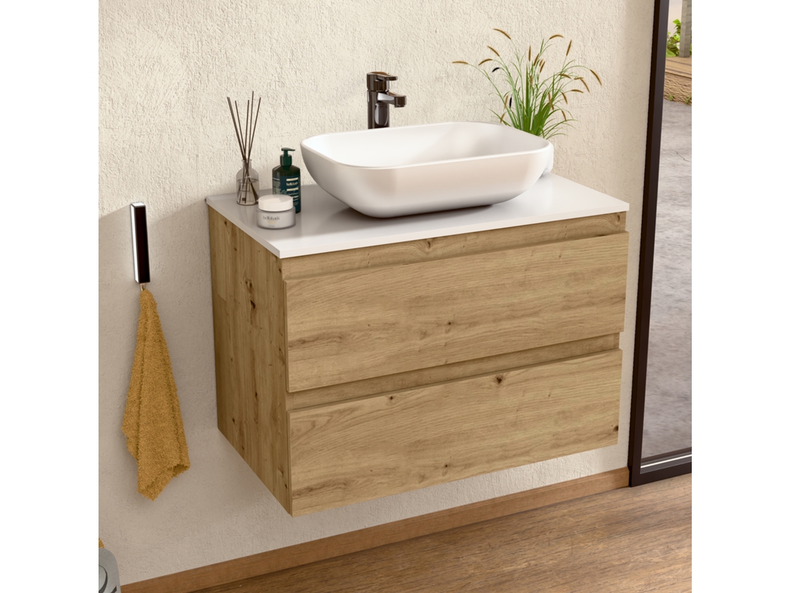 Mueble de lavabo con lavabo cerámico, mueble montado con 2 cajones, de 60 x 55 x 46 cm, acabado roble y encimera Bellobath en color blanco.