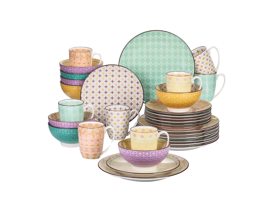 Juego de vajilla de porcelana, diseño escénico, apto para microondas y lavavajillas, 32 piezas