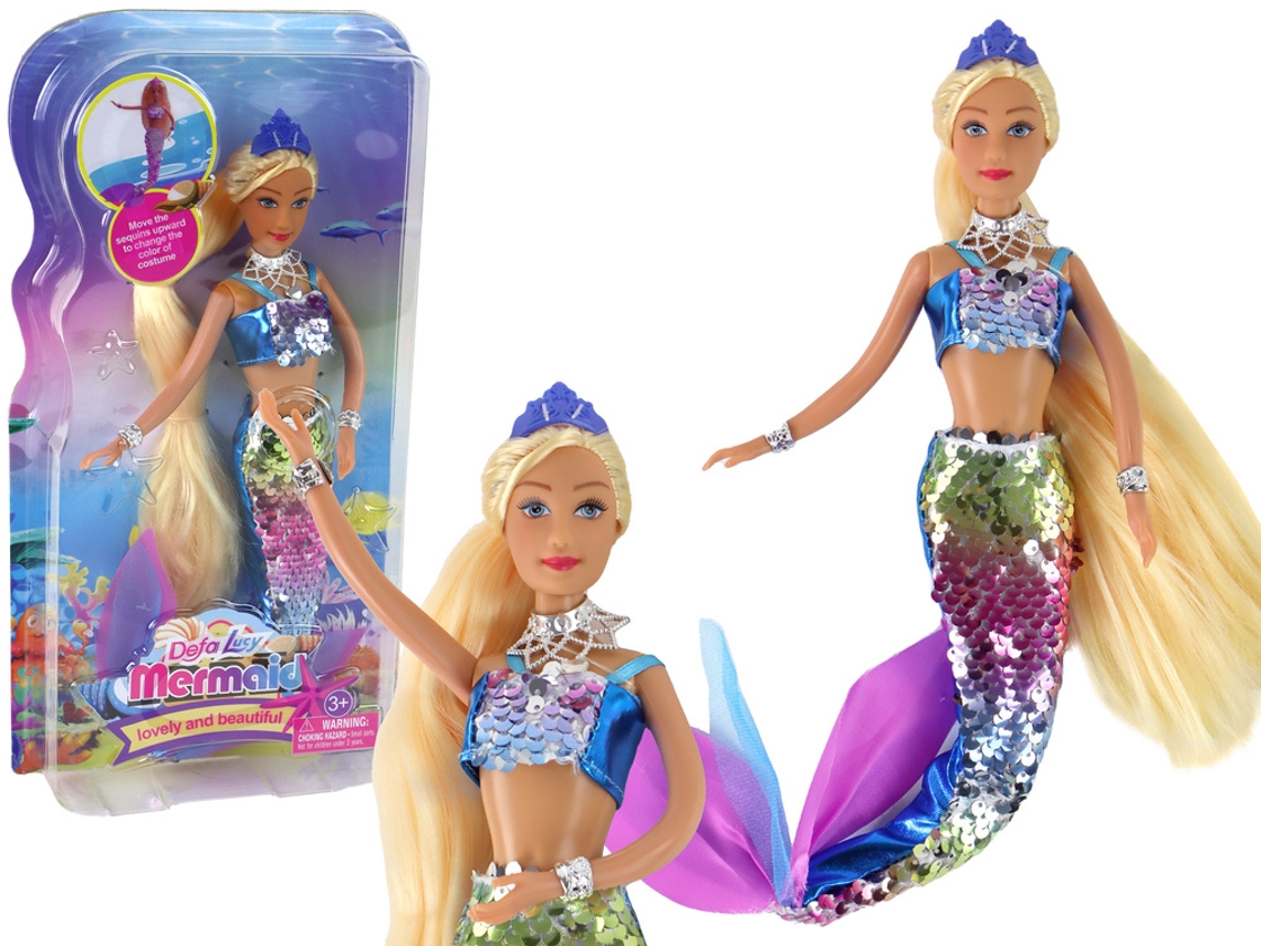 Muñeca Sirena Azul Cabello Rubio Largo Cola de Sirena Lentejuelas B.active