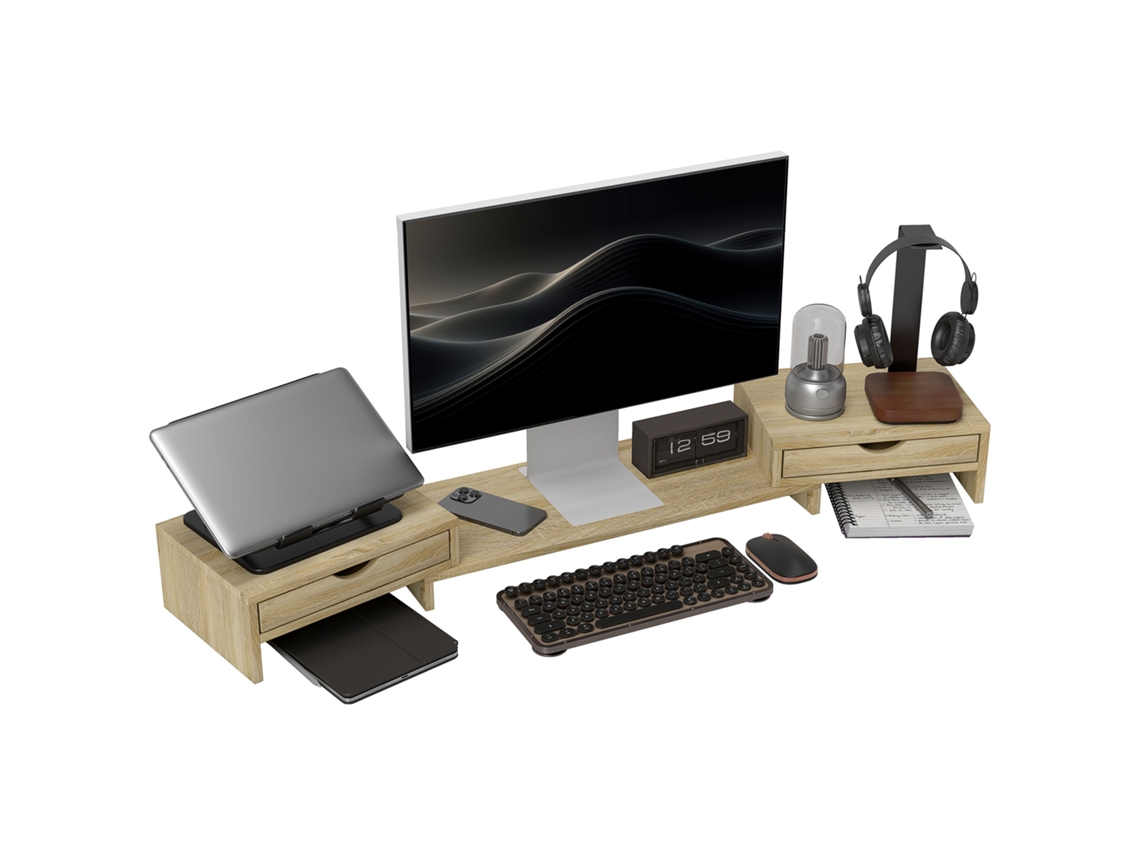 Soporte para monitor con ángulo y longitud ajustables y 2 cajones para uso en oficina, 60" (116x22x12 cm), madera.