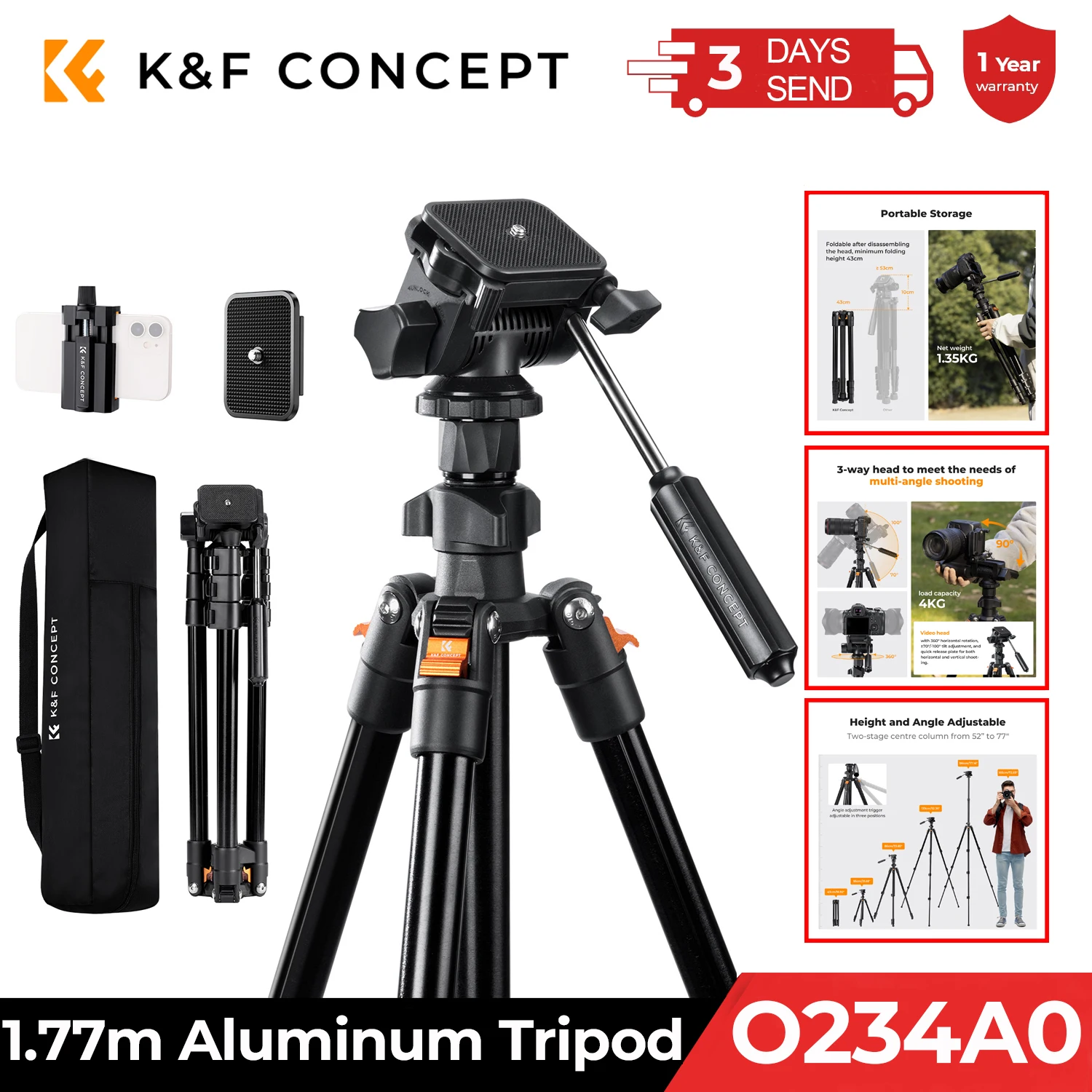 Trípode de vídeo de aluminio de 1,96 m, cabezal de 3 vías, ligero, para DSLR y teléfono móvil con soporte