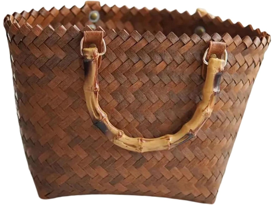 Bolso Tote Vintage De Paja Tejida Con Asa De Madera Resistente Para Mujer.