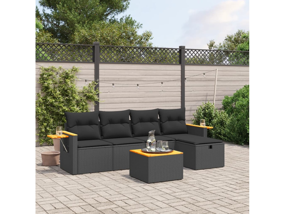 Conjunto de sofá de jardín de 6 piezas con cojines, mimbre sintético negro, DKD Home Decor