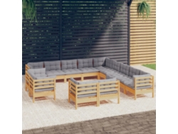 Conjunto 13pcs Lounge De Jardim Almofadões Cinza Pinho Maciço Dkd Home Decor