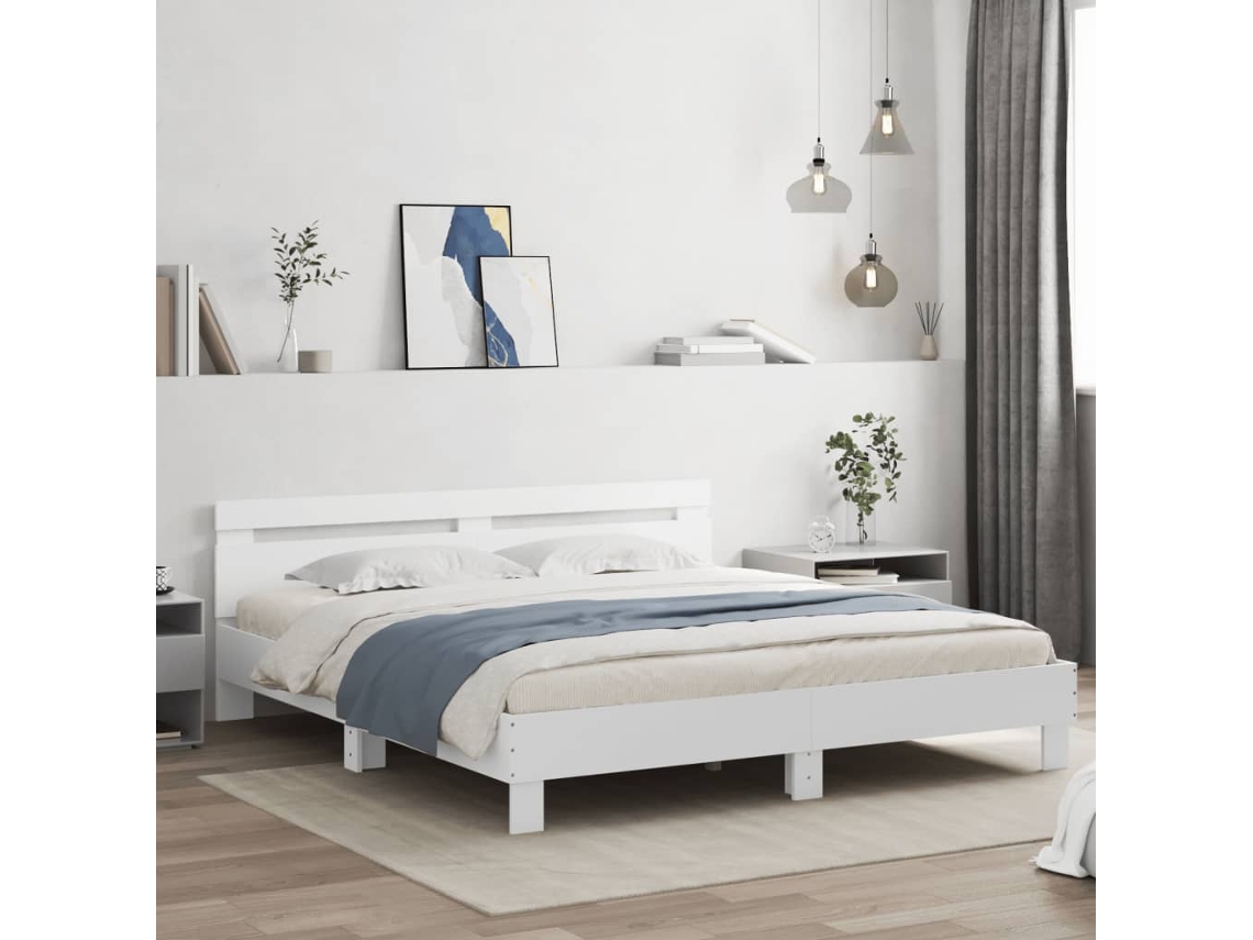 Estructura De Cama Cabecero Y Luces Led Blanca 160x200 Cm