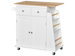 Carrito Isla De Cocina Con Encimera, Estante, Botellero, Toallero, 2 Cajones, Armario De 2 Puertas, Mdf De Madera De Caucho Blanca.