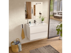 Mueble de baño con lavabo de cerámica y espejo, mueble de baño con 2 cajones, 80 x 55 x 46 cm, Mueble de baño Bellobath Blanco