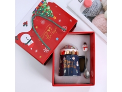 Taza navideña (azul) con tapa y cuchara, diseño de Papá Noel, taza de cerámica de estilo europeo creativo.