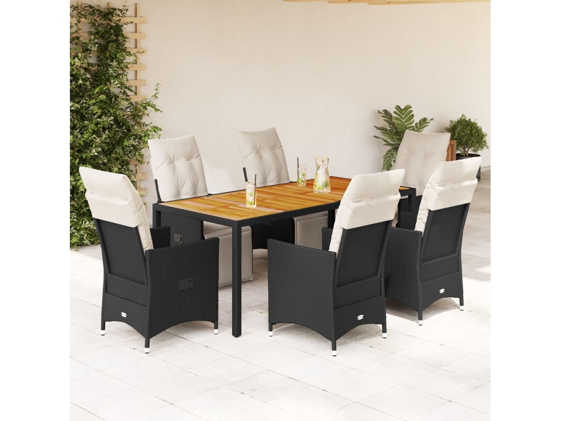 Juego de comedor de jardín de 7 piezas con cojines, mimbre sintético negro, DKD Home Decor