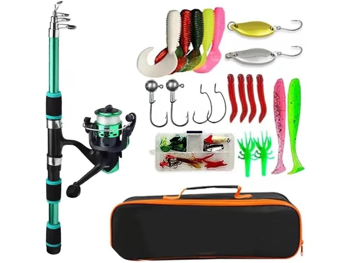 Juego De Caña Pescar, Kit Completo Con Telescópica Y Carrete Giratorio, Anzuelos Para Cebo, Viaje, Pescar (...