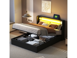 Cama Tapizada De 140x200 Cm, Color Negro, Con Led, Bluetooth Y Usb, Estilo Moderno.