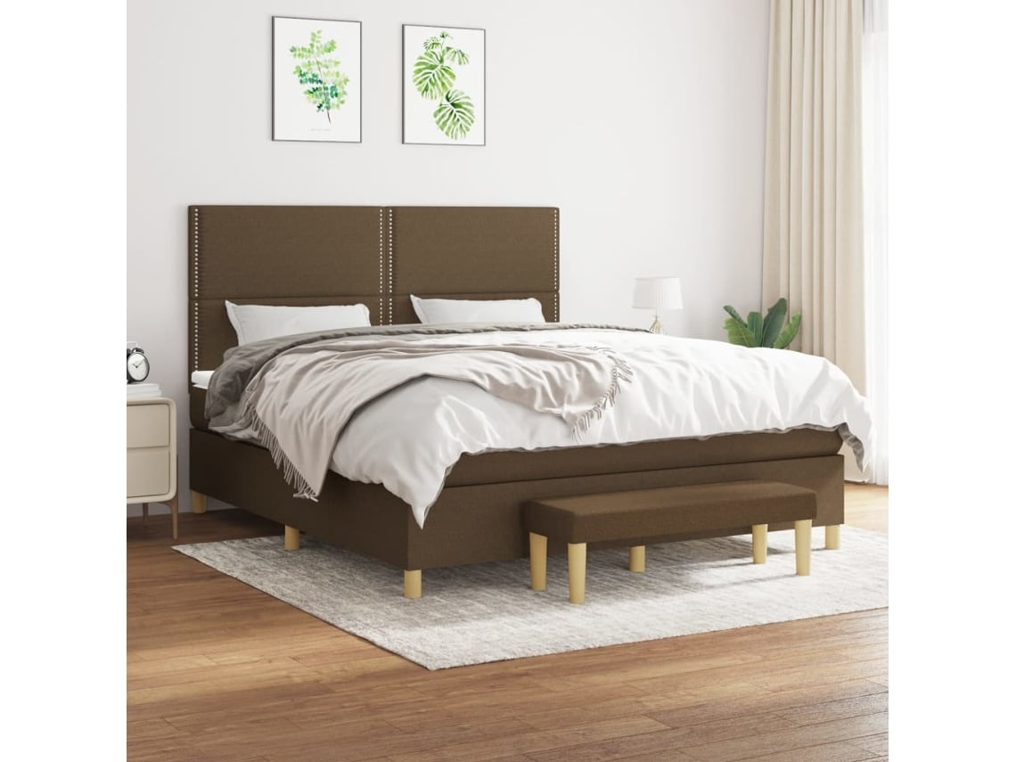 Cama Box Spring Con Colchón Tela Marrón Oscuro 180x200 Cm