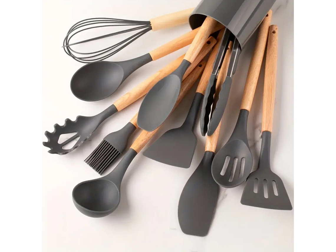 (gris) Juego De Utensilios De Cocina De Silicona Resistente Al Calor (12 Piezas), Con Mangos De Madera.