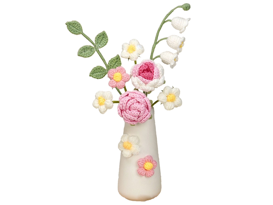 Flor artificial de lã sintética tricotada à mão com vaso de cerâmica, presente, flor de mesa feita em crochê.