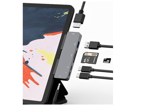 Adaptador Concentrador USB C 7 en 1, CHRONUS HDMI240409-4zzy, Múltiples Puertos, con Lector de Tarjetas SD y microSD, HDMI 4K, PD de 60W, Gris