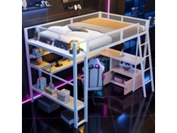 Cama Alta Metálica Gaming 140x200 - Escritorio Integrado, Led Y Amplio Almacenamiento - Blanco