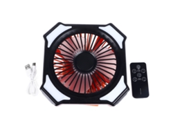 Ventilador de camping con linterna LED, batería recargable de 10000 mAh, negro/naranja, sin marca.