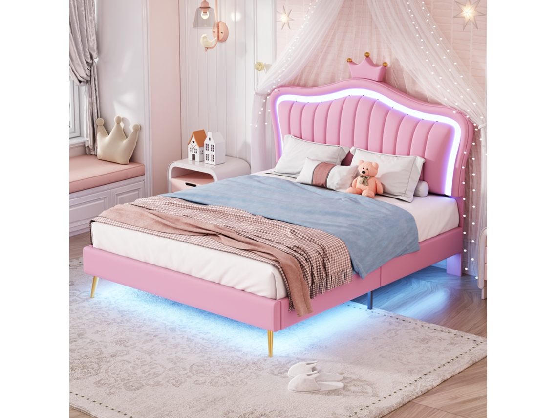 Cama Infantil Cama Tapizada 140 X 200 Cm, Somier Para Niñas, Somier Doble Rosas Kronen Con Luces Led, Colchón