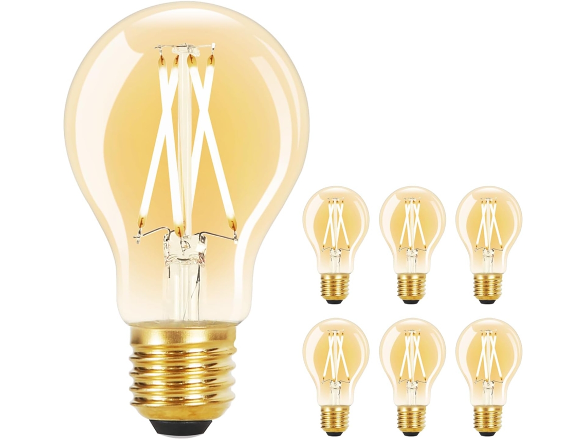 Zmh Paquete De 6 Bombillas Led E27 A60 4w 2700k, Filamento Edison, Vidrio Transparente, Blanco Cálido, Estilo Retro