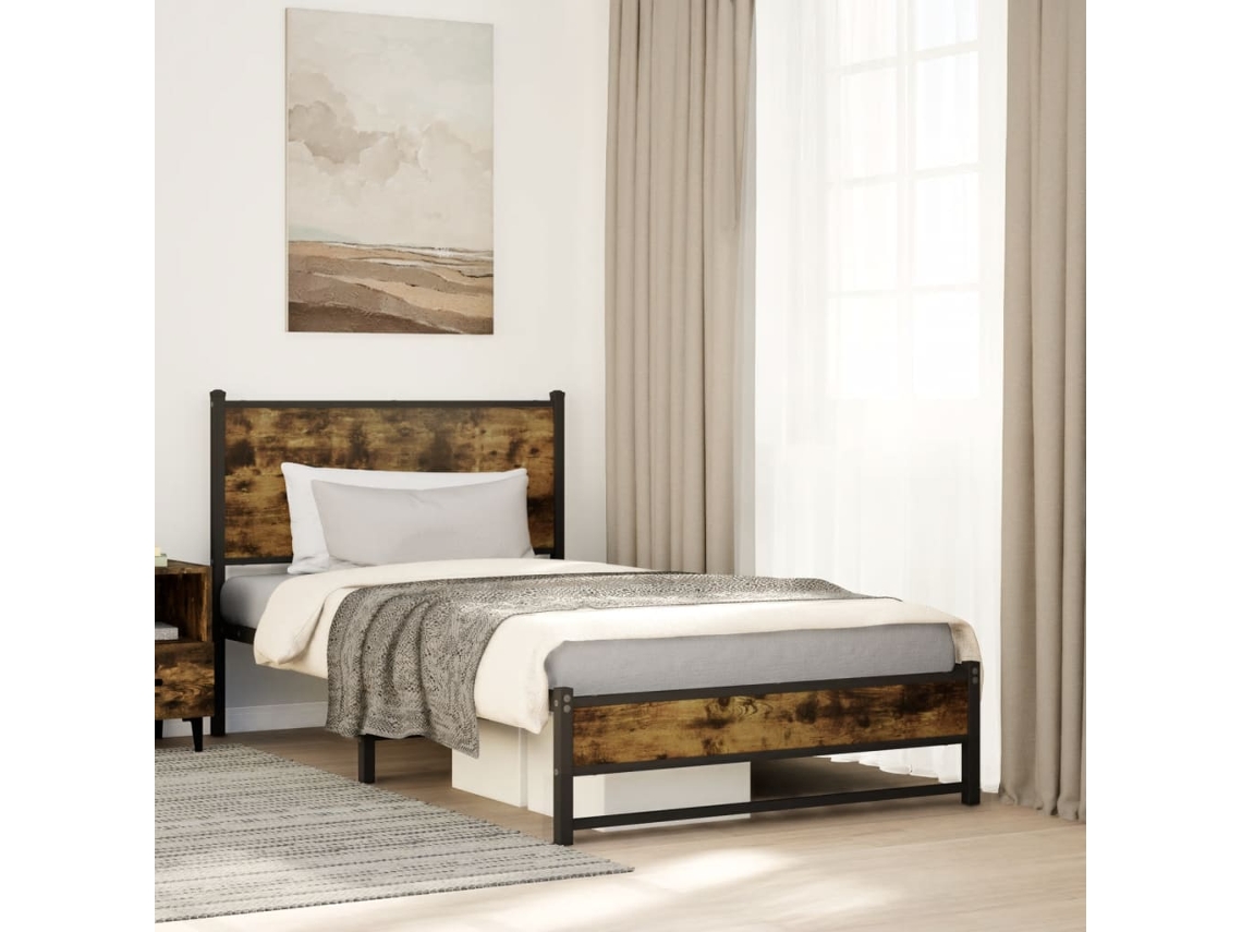 Estructura De Cama Sin Colchón Metal Roble Ahumado 107x203 Cm