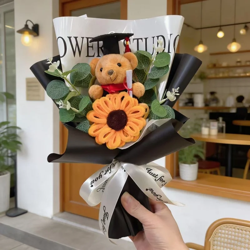 (negro, 32 Cm) Ramo Artesanal Creativo Con Birrete De Graduación, Osito De Peluche Y Girasol Artificial