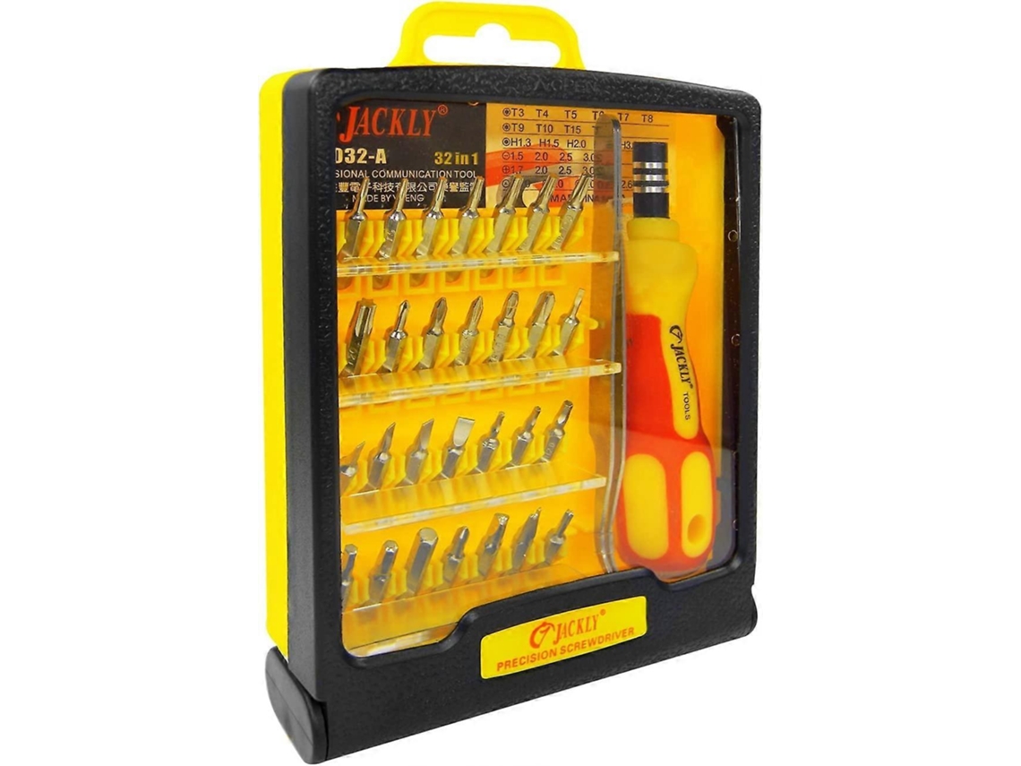 Set Jackly Jk6032-a: 32 Piezas Con 30 Bits Diferentes (torx, Ranurado, Imbus, Triangular, Etc.), Destornillador Y Pinzas