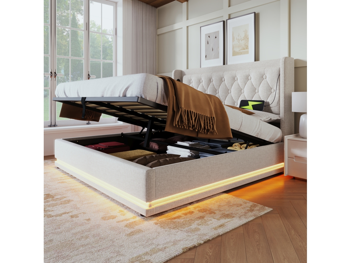 Cama Contentora Estofada Função Carga Led Mobrio Beige (180x200)
