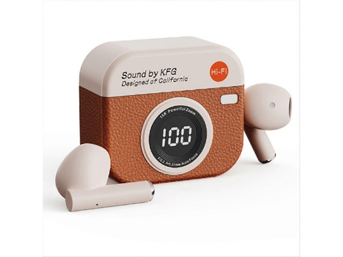Auriculares inalámbricos retro para juegos con forma de cámara y diseño intrauditivo.
