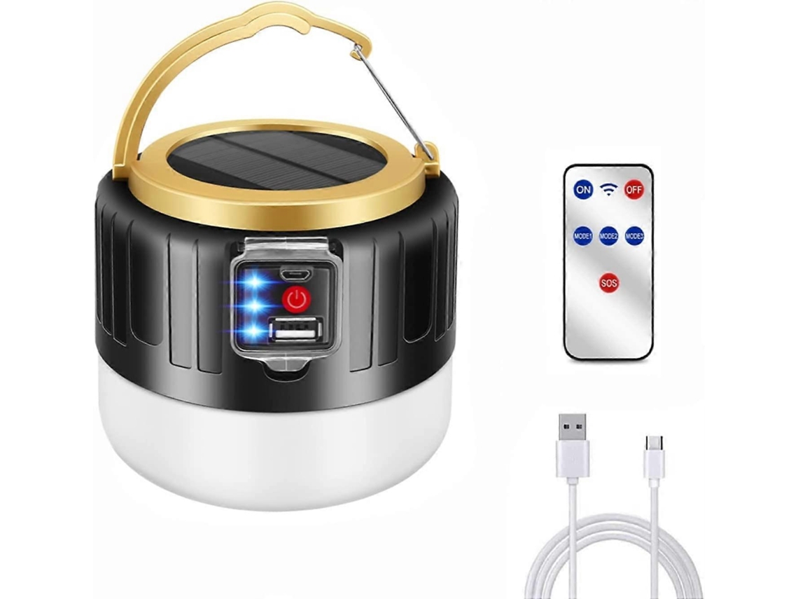 Lámpara LED recargable Rebe para camping, USB, alimentación solar, batería externa de 5200 mAh, resistente al agua IPX6, 5 modos SOS, color negro.