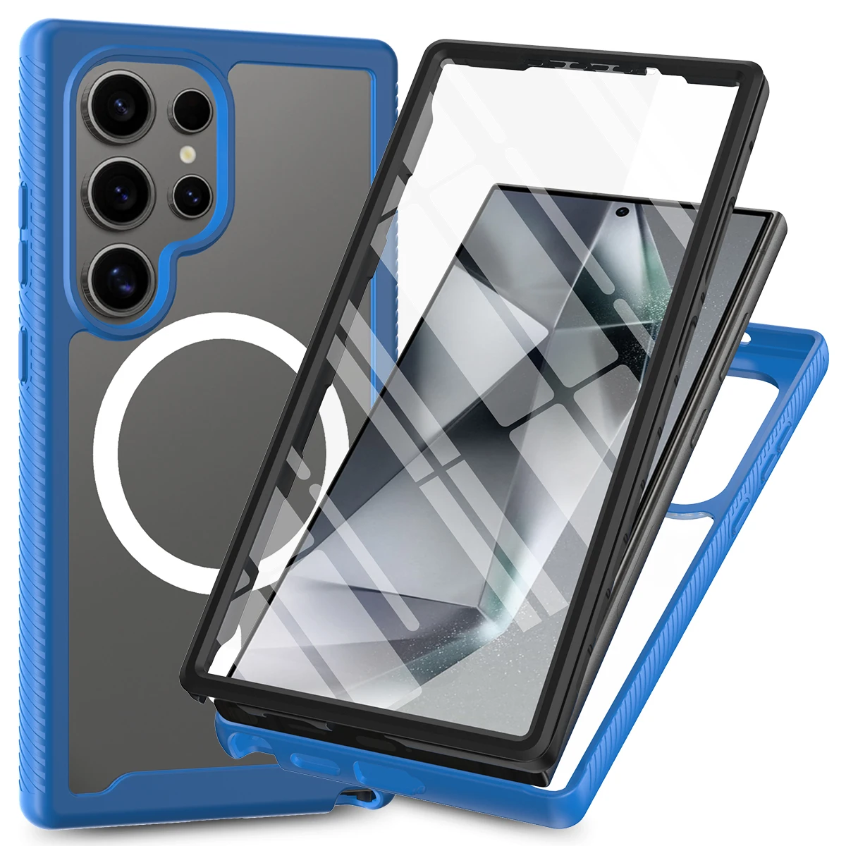 (azul, Galaxy S23) Funda Transparente A Prueba De Golpes De 360°, Compatible Con Carga Magnética, Incluye Protector De Pantalla.