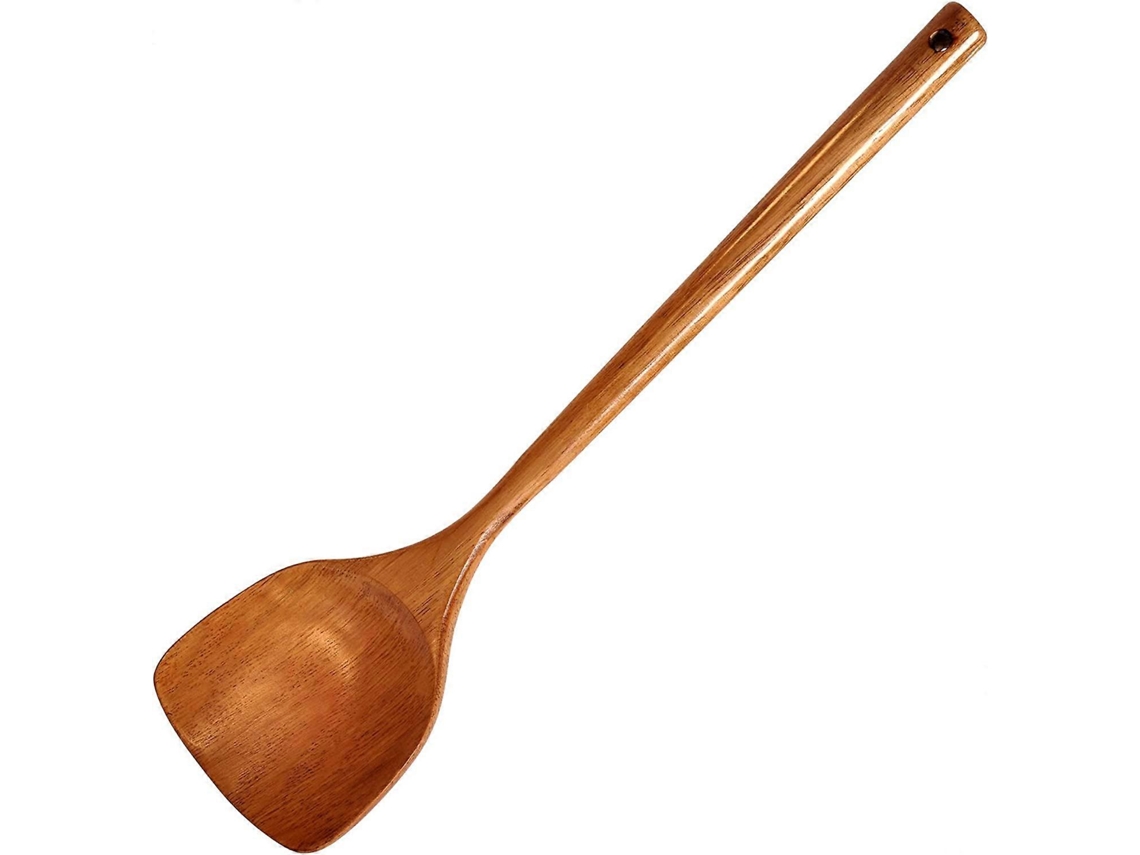 Espátula de madera con mango largo para la cocina; un utensilio duradero y hecho a mano que no raya las sartenes antiadherentes.