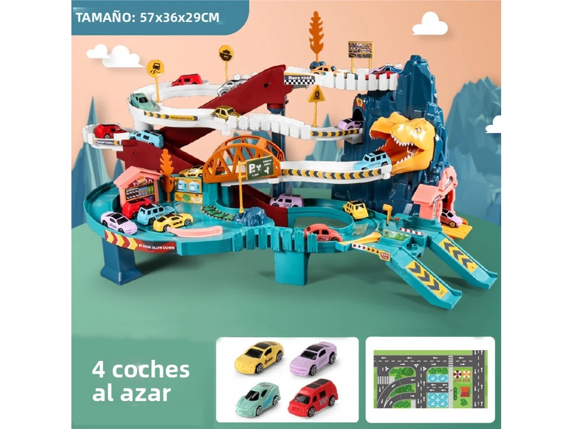 Juguete de Dinosaurio, Vagón de Tren con Estacionamiento y Vías para Aventuras, Fabricado en Plástico ABS.