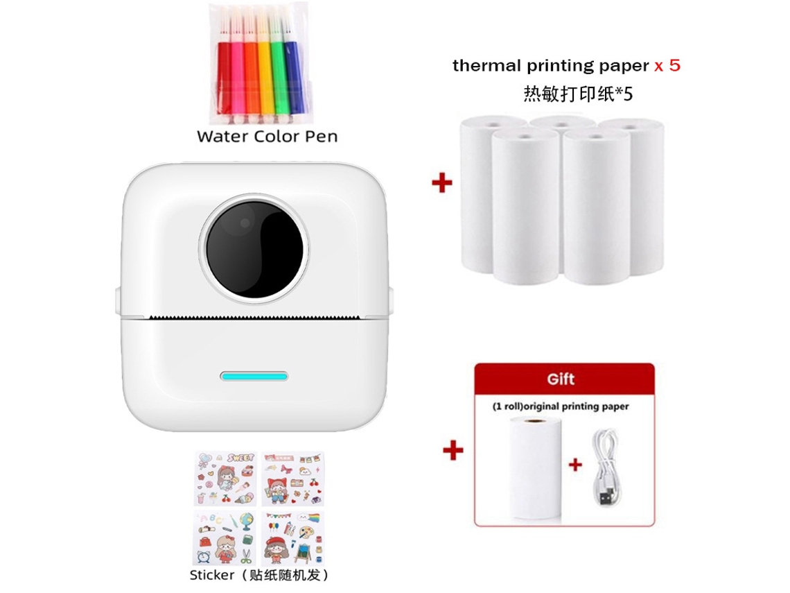 Impresora térmica portátil Digitallab, mini impresora sin tinta con papel de impresión, bolígrafo de acuarela y pegatinas, color blanco
