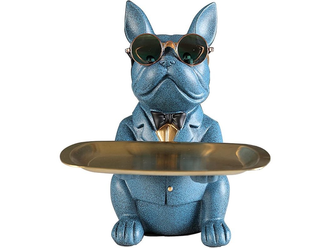 Figura De Bulldog Francés Con Bandeja De Acero Inoxidable Para Decoración Y Almacenamiento De Objetos Pequeños - Azul