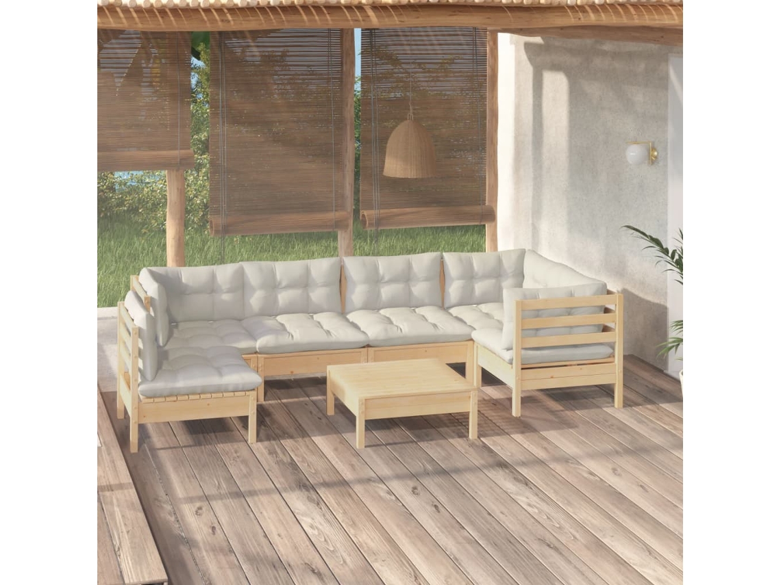 Conjunto de jardín de 7 piezas con cojines de pino crema DKD Home Decor