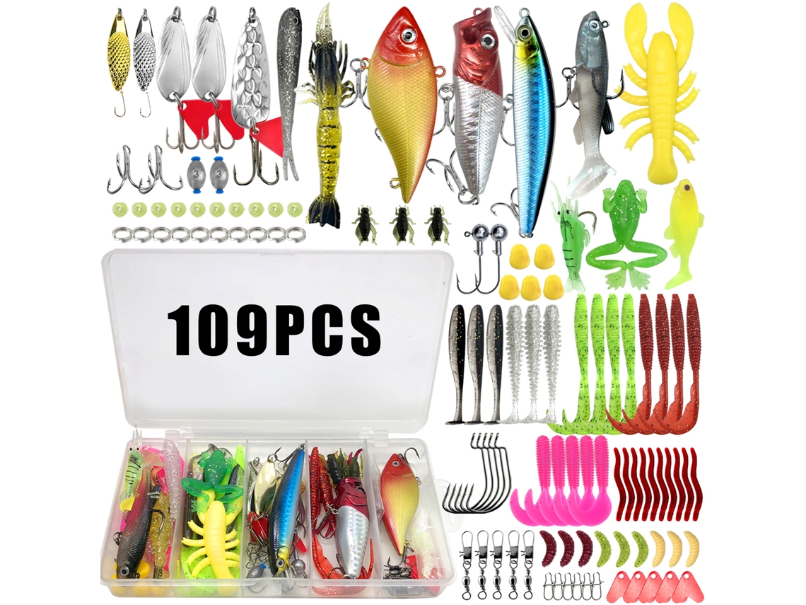(set De 109 Piezas) Kit De Señuelos De Pesca, Que Incluye Cebos Blandos Y Metálicos, Anzuelos Y Accesorios.