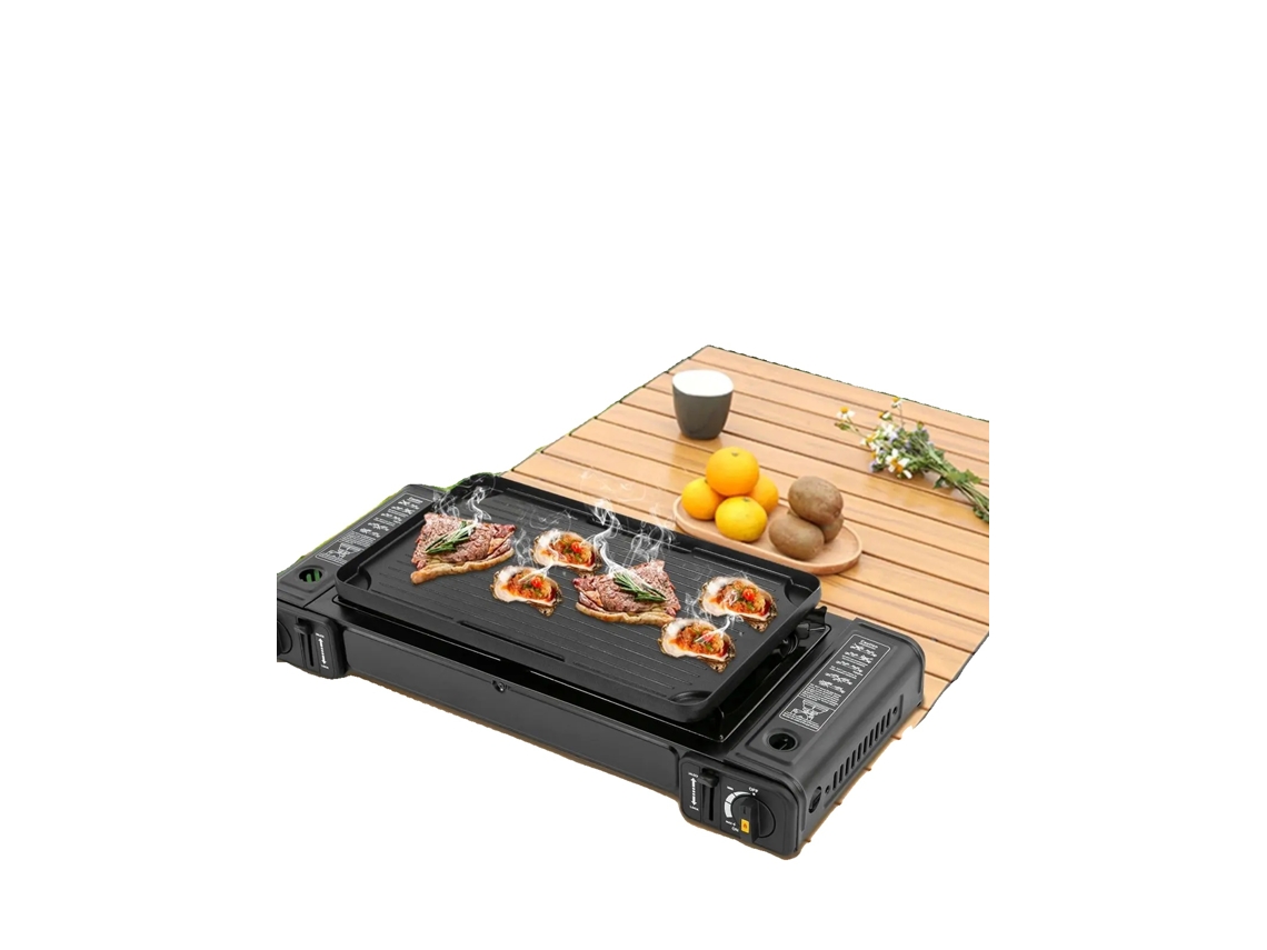 Estufa de camping portátil, quemadores dobles, potencia de fuego ajustable, color negro