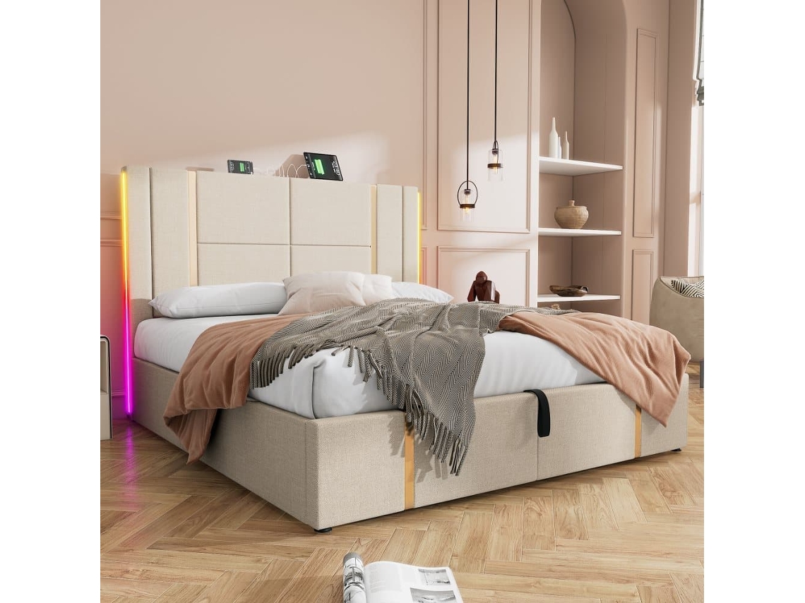 Cama Baúl 160x200 Cm Tapizada En Tela De Lino - Con Led Y Función De Carga - Con Somier De Láminas - Beige