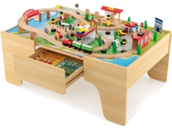 Mesa de Juegos de Tren de Madera, 84 Piezas, Cajón de Almacenamiento, Circuito de Tren de Madera Maciza para Niños y Niñas 3+ Años COSTWAY