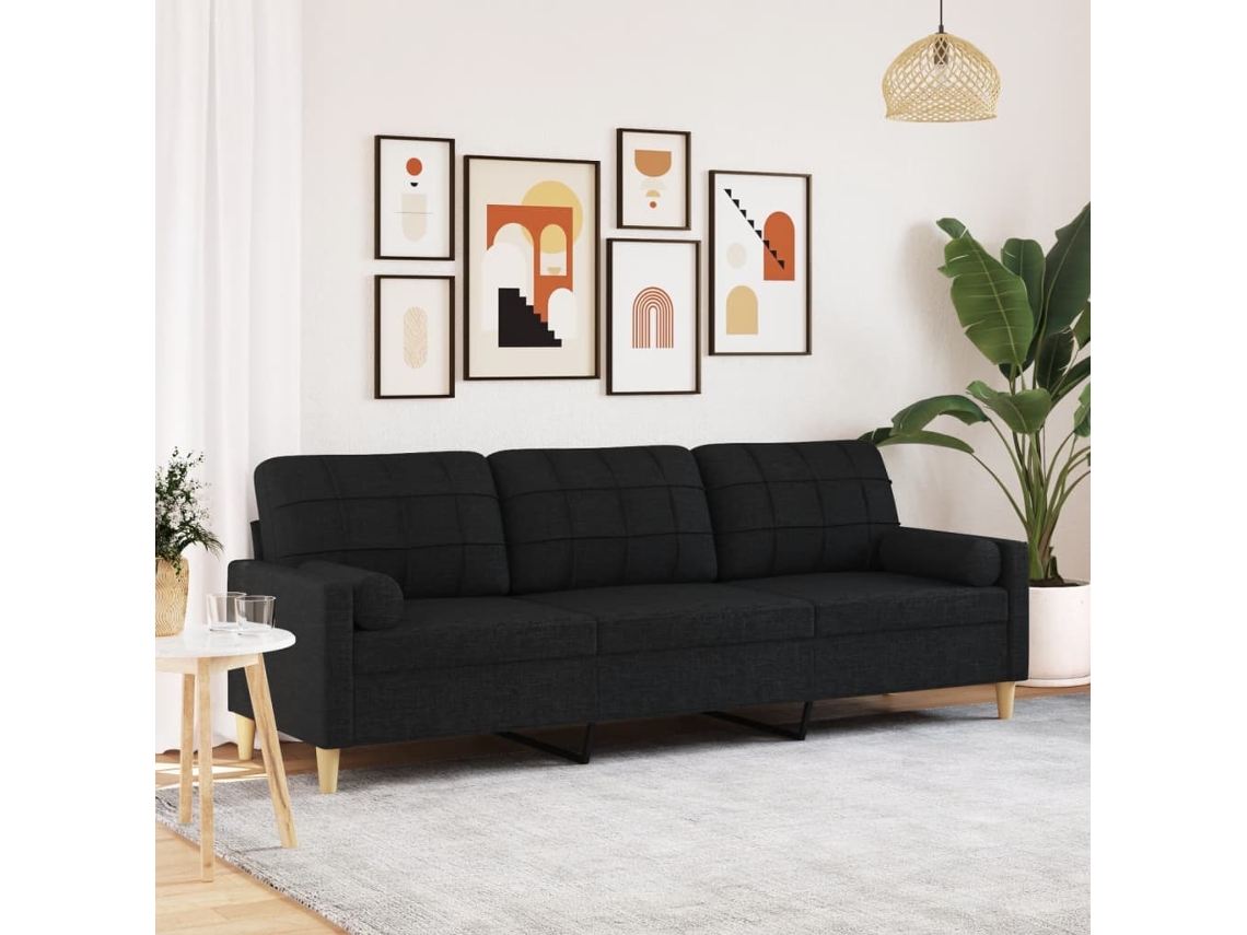 Sofá De 3 Plazas Con Cojines Tela Negro 210 Cm