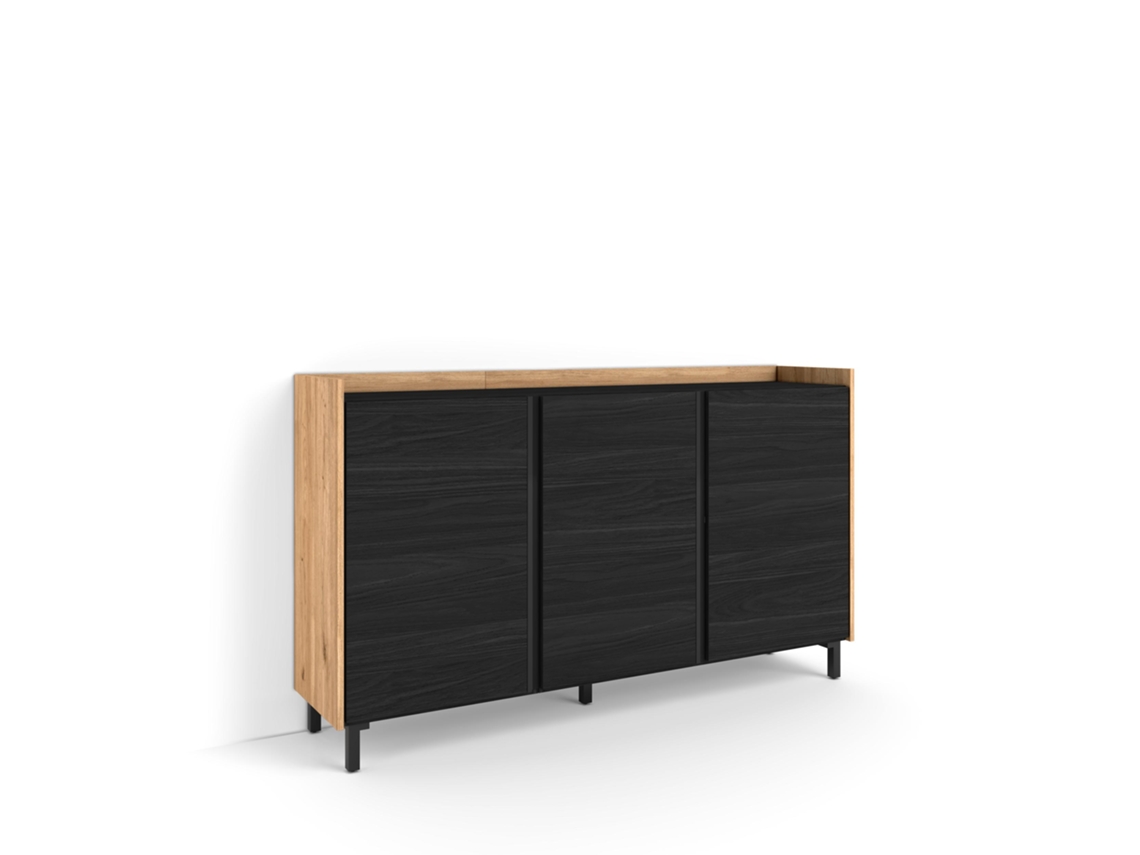 Aparador Para Salón, 156x35x91cm, 3 Puertas, Diseño Industrial, Negro Y Roble