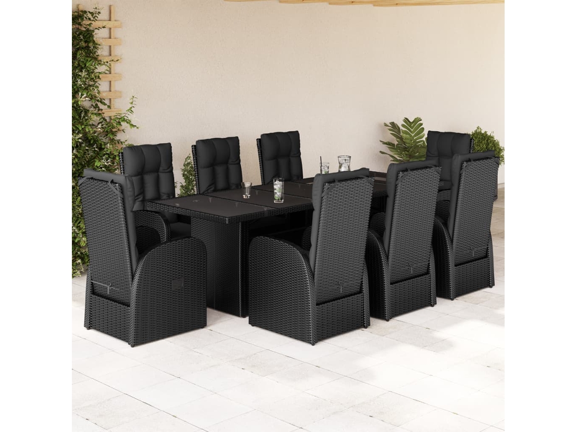 Juego de comedor de jardín de 9 piezas con cojines de mimbre negros de DKD Home Decor