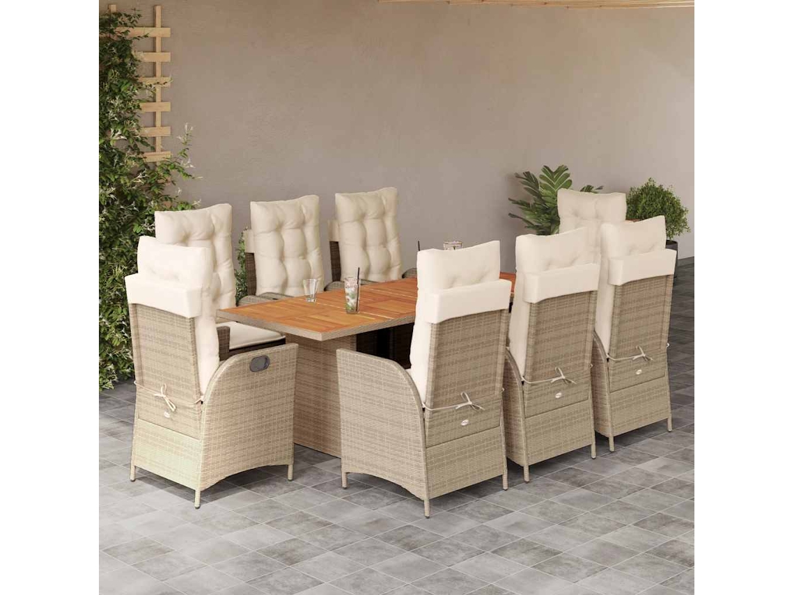Juego de comedor de jardín de 9 piezas con cojines, mimbre sintético beige, DKD Home Decor
