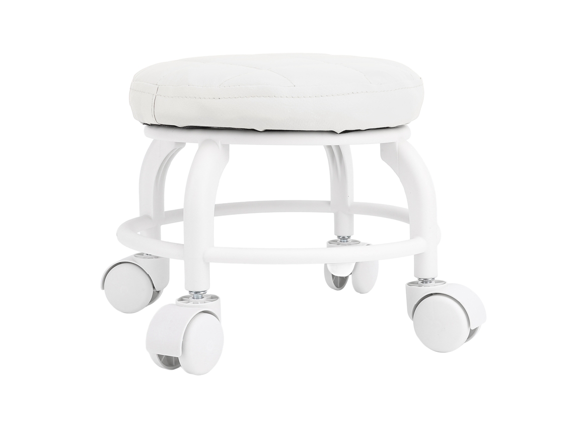 Taburete Bajo Con Ruedas, De Piel Sintética, Giratorio Silencioso, Ideal Para Oficina En Casa O Garaje, Color Blanco.