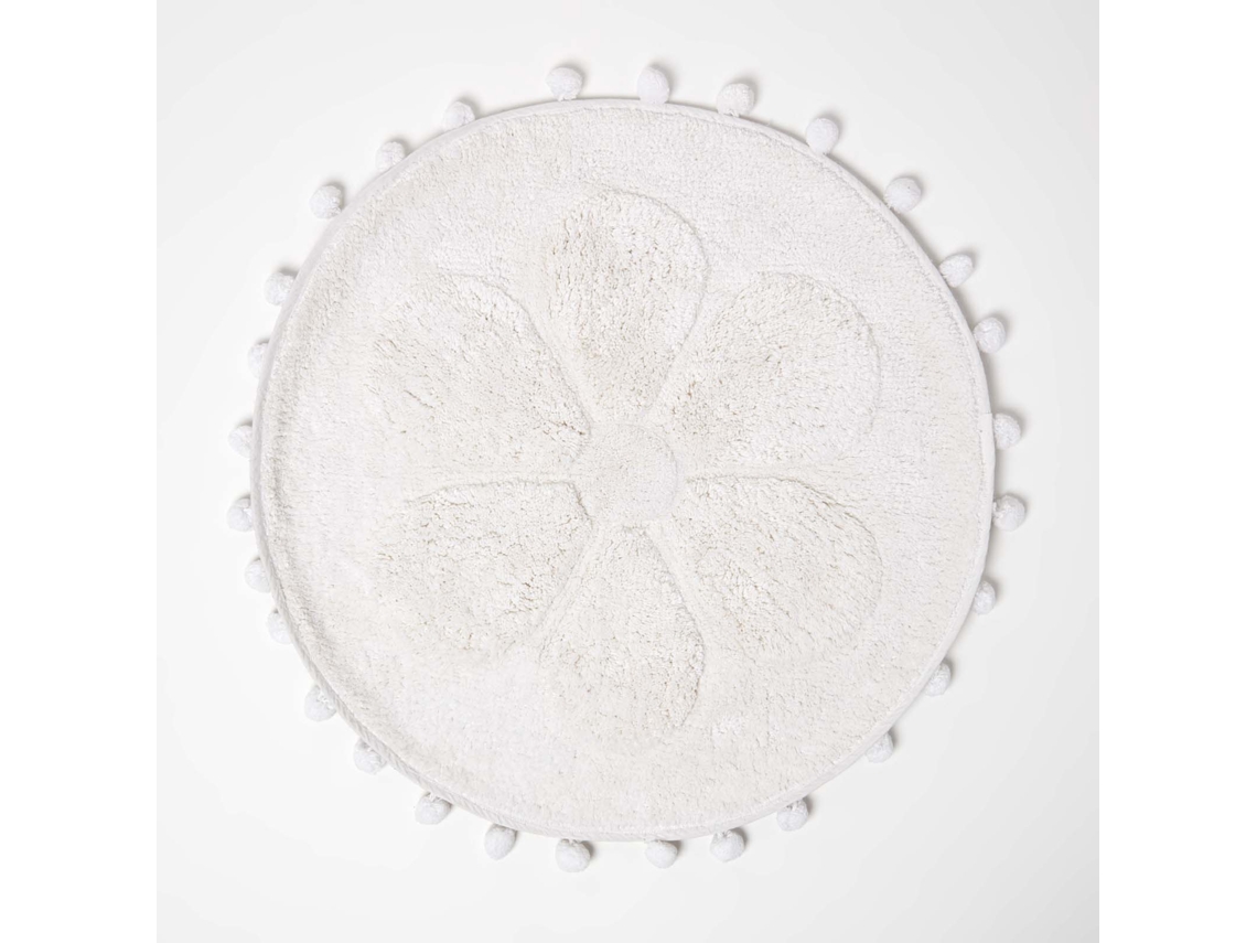 Homescapes Floral Bath Mat White 100 Cotton With Pom Pom Edges