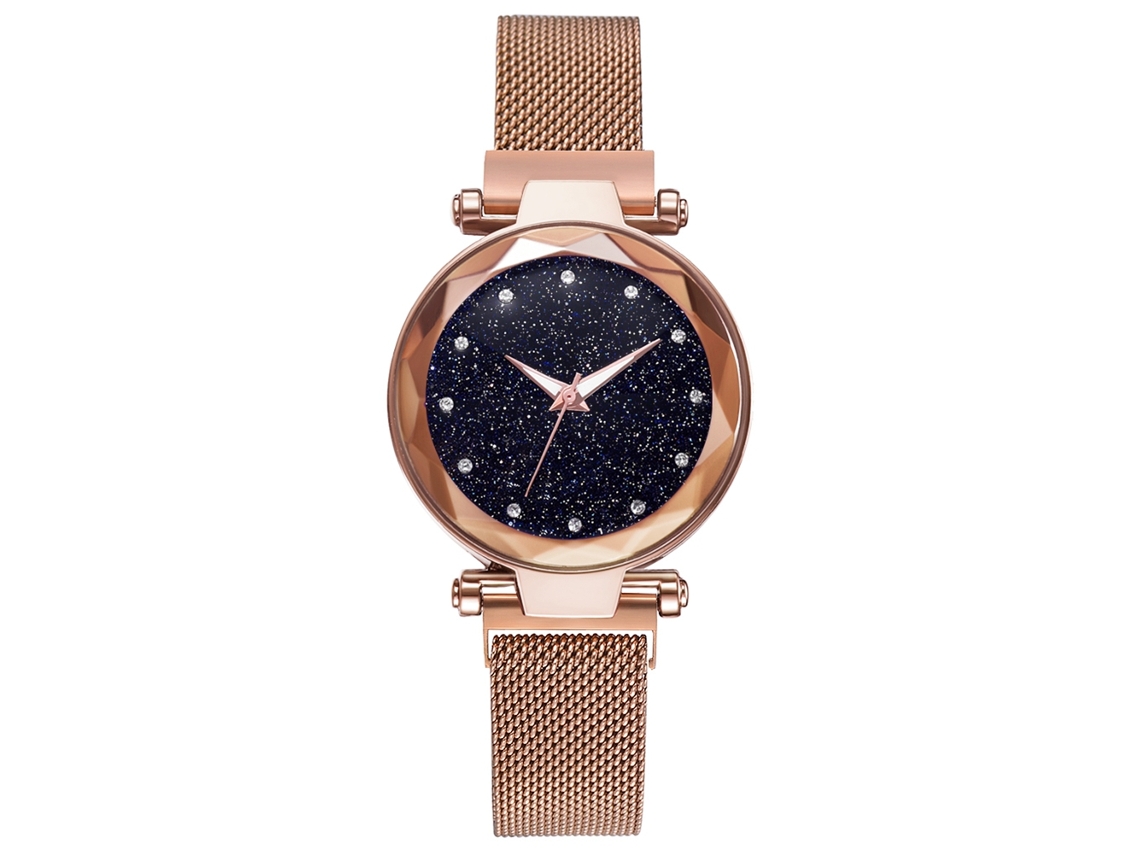 Reloj De Números Romanos Con Piedras Rhinestone Correa De Malla De Moda Oro Rosa
