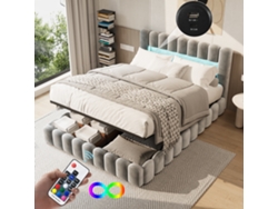 Cama Nido Matrimonial 180x200cm Con Almacenaje Bajo Cama Y Led - Cama Hidráulica Tapizada En Tela Gris, Carga Usb