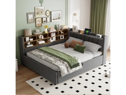 Sofá Cama 140x200 Cm, Almacenaje Hidráulico, Luz Nocturna, Usb/type-c, Estantes, Compartimentos, Cabecero Acolchado, Terciopelo, Gris Oscuro